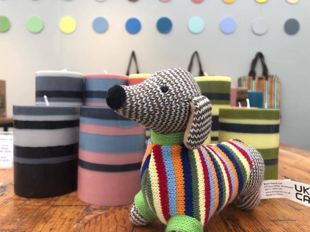 Best Years Ltd Knitted Sausage Dog Baby Rattle, Rainbow Stripe Jumper