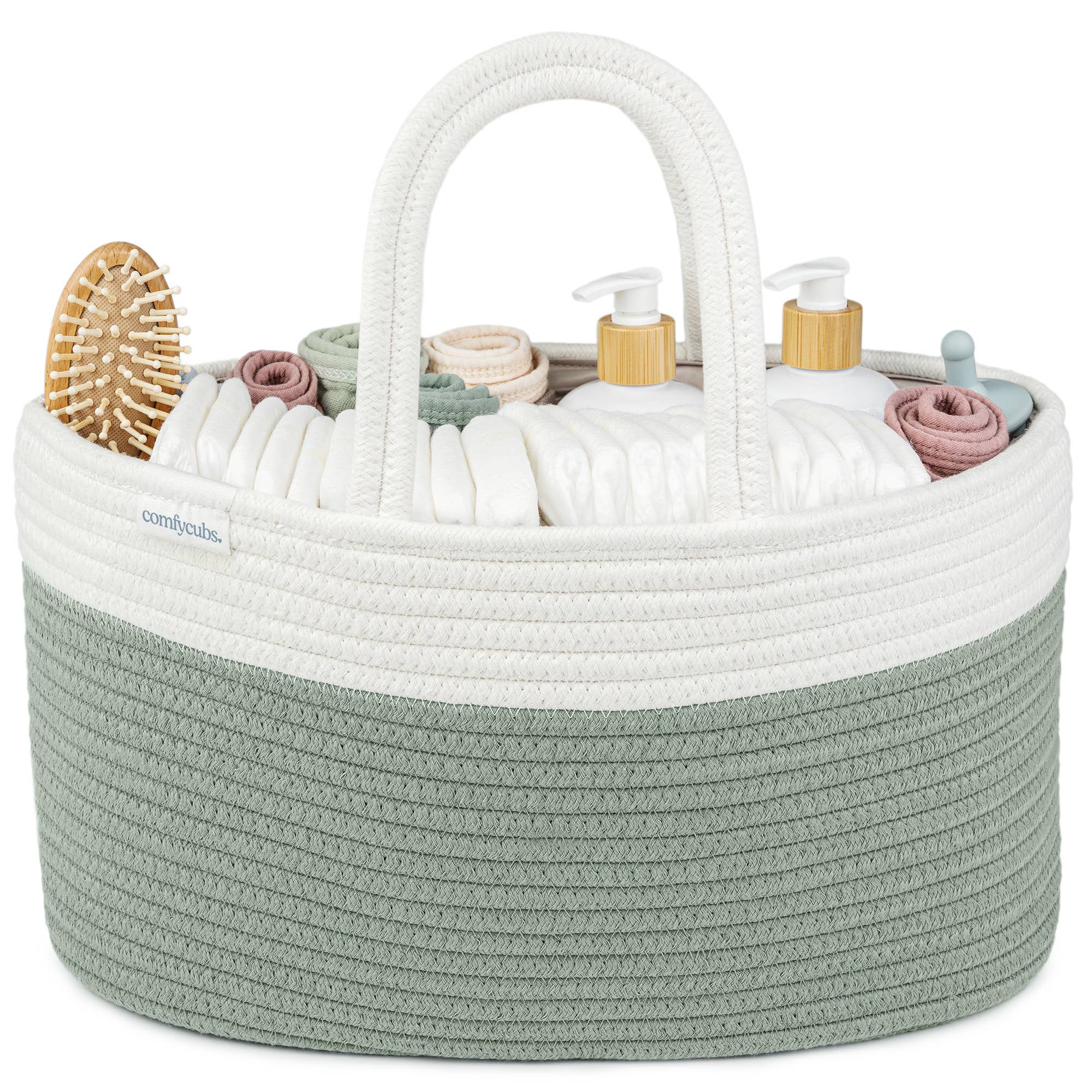 Comfy Cubs Rope Diaper Caddy Organizer, Portable Nursery Storage Tote, Sage