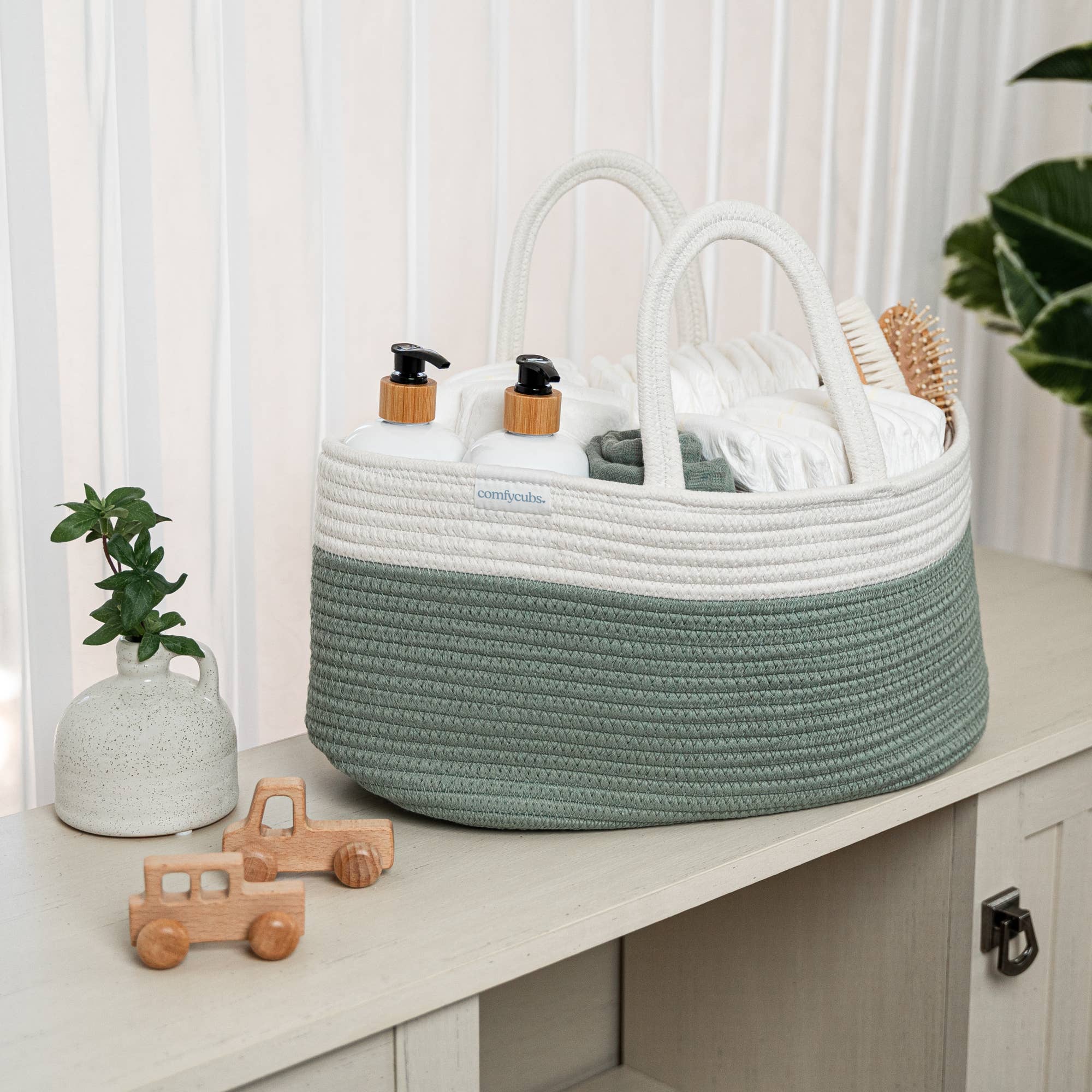 Comfy Cubs Rope Diaper Caddy Organizer, Portable Nursery Storage Tote, Sage